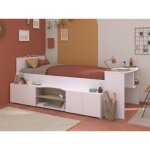 Lit combiné 90 x 190 / 200 cm avec bureau et rangements - blanc et naturel + sommier - jochiane Lit combiné 90 x 190 / 200 cm avec bureau et rangements - blanc et naturel + sommier - jochiane