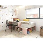 Lit combin 90 x 200 cm avec rangements et bureau - coloris : naturel et rose + sommier - rigali