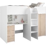 Lit combin mezzanine enfant - tom - blanc et chne - armoire bureau et sommier inclus