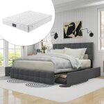 Lit complet 140x200 avec 4 tiroirs et sommier  lattes enf1trouv - tte de lit rglable - gris