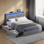Lit double 140 x 190 cm avec led multiprise t�te de lit rembourr�e ajustable pas besoin de sommier gris ...