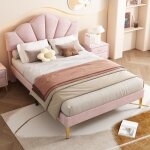 Lit double 140 x 200 cm lit coquillage rembourré en velours pièds en métal sommier à lattes rose Lit double 140 x 200 cm lit coquillage rembourré en velours pièds en métal sommier à lattes rose