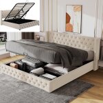 Lit double 140200 cm lit coffre 2 personnes polaire cloute double rang avec coutures boutonnes beige ...