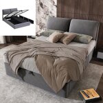 Lit double 140x200 cm tiroirs et coffre de rangement - velours gris - sommier � lattes