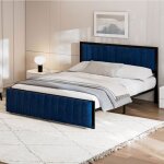 Lit double 140x200cm - redom - velours bleu - avec banquette pliable - sommier inclus - 2 places