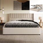 Lit coffre double 160x200cm sommier  lattes bois structure mtal - lin beige