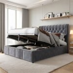 Lit coffre 160x200 - hofurni - velours gris - 2 places - design contemporain - capacit� 300 kg