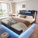 Lit double - 160x200 - rangement avec tiroirs - t�te de lit multifonctionnelle avec led - lin gris