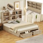 Lit double 160x200 cm - jaerliub - bois massif - 2 tiroirs - 6 �tag�res - style contemporain