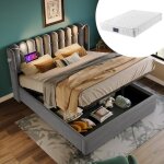 Lit double 160x200 cm lit coffre 2 personnes tte de lit avec liseuse fonction de recharge gris (avec ...