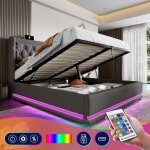 Lit double 160x200 cm coton led t�te de lit rembourr� avec fonction de chargement usb type - c lit de ...