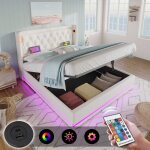 Lit double 160x200 cm led t�te de lit rembourr� pu avec fonction de chargement usb type - c lit de rangement ...