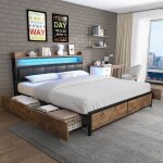 Lit double 180x200 - pergar - tiroirs de rangement - �clairage led - t�te de lit rembourr�e