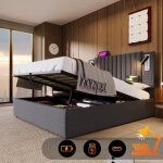 Lit double rembourr 180x200 cm - tte de lit avec usb - coffre de rangement - vintage gris