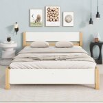 Lit double en bois de pin - 140 x 200 cm - cadre avec pied central t�te et pied de lit en mdf - blanc ...