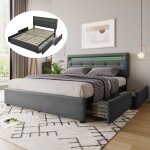 Lit double capitonn� 140 x 200cm eclairage led et 4 tiroirs - lit 2 personnes - gris
