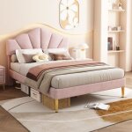 Lit double capitonn� 140x200 velours t�te de lit r�glable sommier � lattes en bois pieds en fer dor� ...