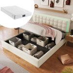 Lit double capitonn� 140x200cm en lin beige lit complet avec sommier � lattes et matelas � ressorts
