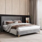 Okwish lit adulte lit double 140x200 cm - 2 places - design rembourr - sommier  lattes - velours gris ...
