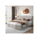 Lit double capitonn� 160 x 200 cm en coton et lin lit coffravec levier hydraulique rangement des coffres ...