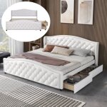Lit double capitonn 180 x 200 cm en simili cuir blanc avec 2 tiroirs sommier  lattes en bois