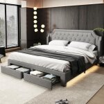 Lit double capitonn� 180x200 - led - sommier � lattes - 2 tiroirs - gris