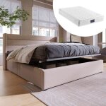 Lit double capitonn hydraulique 160x200 sommier  lattes en bois lit en mtal et lin beige matelas inclus ...