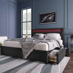 Lit 140x200cm avec �clairage led et 4 tiroirs - t�te de lit r�glable - lit double 2 personnes - sommier ...