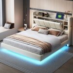 Lit double capitonn� - redom - 160 x 200 cm - usb - barre lumineuse - t�te de lit avec rangement