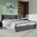Lit coffre 180x200 lit double lit 2 personnes avec sommier et rangement style chesterfield velours gris ... Lit coffre 180x200 lit double lit 2 personnes avec sommier et rangement style chesterfield velours gris ...