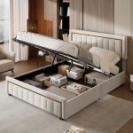 Lit double coffre - pergar - 160 x 200 cm - velours beige - tiroirs de rangement - capacité 250 kg Lit double coffre - pergar - 160 x 200 cm - velours beige - tiroirs de rangement - capacité 250 kg