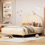 Lit double enfant - redom - 140x200cm - tête de lit couronne - simili cuir beige - métal Lit double enfant - redom - 140x200cm - tête de lit couronne - simili cuir beige - métal