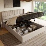 Lit double hydraulique - pergar - 160x200 - beige - coffre de rangement - lattes bois et mtal
