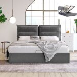 Lit double 140x200 cm avec tte de lit rglable velourslit coffre hydraulique de rangement et sommier ...
