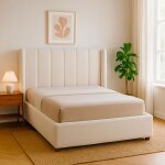 Menzzo lit double magorial avec sommier relevable 140x190cm tissu bouclette cr�me - tissu bouclettetissu ...