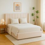 Menzzo lit double magorial avec sommier relevable 180x200cm tissu bouclette cr�me - tissu bouclettetissu ...