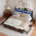 Lit double - pergar - 180x200 cm - t�te de lit led - 4 tiroirs de rangement - noir