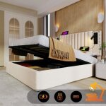 Lit double rembourr� - pdzzzd - 180x200 cm - coffre de lit - chargement usb - beige