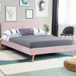 Idmarket lit double scandinave oslo avec t�te de lit et sommier 140 x 190 cm tissu rose clair effet velours ...