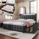 Lit double avec sommier à lattes - leww - 160x200 cm - usb et led - 4 tiroirs - gris Lit double avec sommier à lattes - leww - 160x200 cm - usb et led - 4 tiroirs - gris