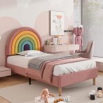 Lit enfant 90x200 cm en forme de l?arc - en - ciel sommier � lattes t�te de lit r�glable tissu en velours ...