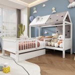 Lit enfant en forme de maison - oem - 90x200cm - blanc - avec tiroirs - bois massif