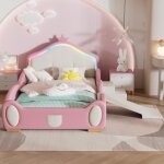 Lit enfant pour filles 90x200cm avec toboggan et escalier - certifi� en747 - crown - rose - beige