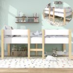 Lit enfant - jaerliub - lit maison mi - hauteur - blanc et ch�ne - bois massif - 90x200 cm