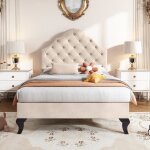 Lit enfant - leytn - 90 x 200 cm - velours beige - tête de lit réglable - sommier à lattes inclus Lit enfant - leytn - 90 x 200 cm - velours beige - tête de lit réglable - sommier à lattes inclus