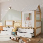 Lit cabane en bois 90x200cm - okwish - lit enfant avec clture  quatre cts 4 tiroirs escalier et sommier ...