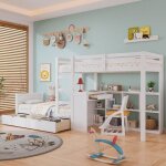Lit superposé enfant - bois blanc - 90x200cm - Échelle 3 marches - 2 tiroirs - bureau intégré Lit superposé enfant - bois blanc - 90x200cm - Échelle 3 marches - 2 tiroirs - bureau intégré