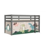 Lit enfant sur�lev� pino 90x200cm gris - vipack - bois massif - rideau en 4 parties dinos