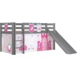 Lit enfant sur�lev� avec toboggan pino 90x200cm gris - vipack - rideau et 3 pochettes little princess ...