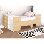 Lit volutif 90 x 140 / 170 / 200 cm avec rangements - coloris : naturel et blanc - garolio
